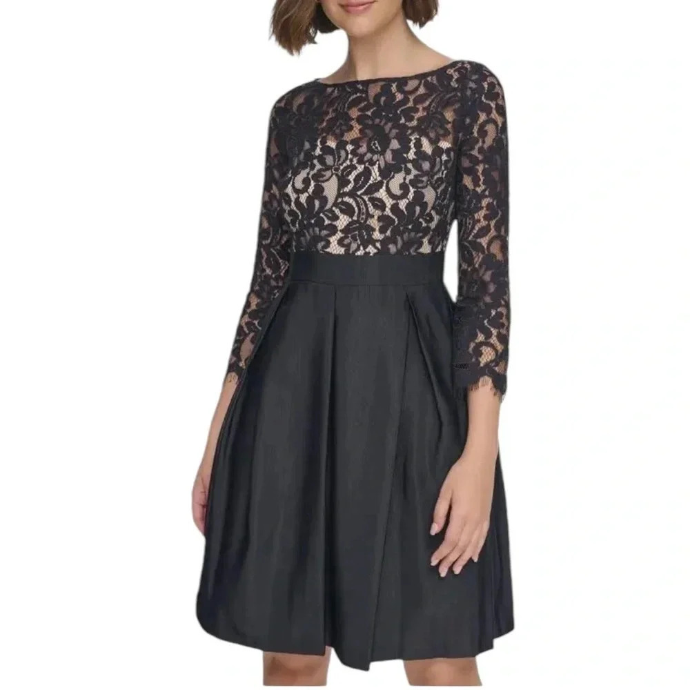 Eliza J NAVY Women's Lace Bodice Fit & Flare Short Dress Navy Blue Size 4 NWT